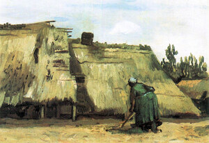 Farmhouse with farmer digging